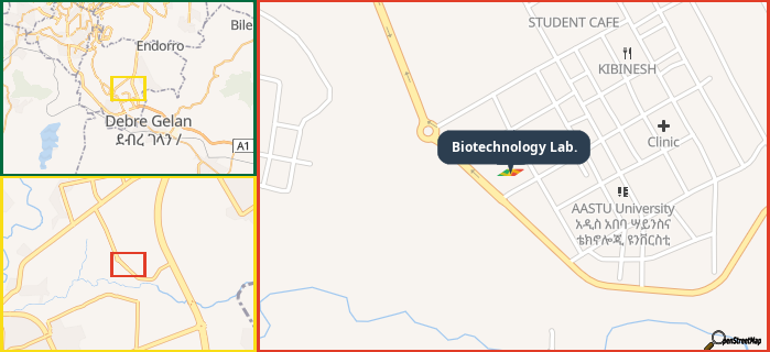 Map showing the address of Biotechnology Lab. in three different zoom levels.