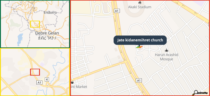 Map showing the address of Jate kidanemihret church in three different zoom levels.