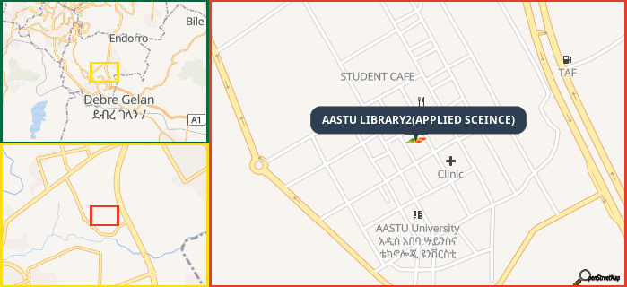 Map showing the address of AASTU LIBRARY2(APPLIED SCEINCE) in three different zoom levels.