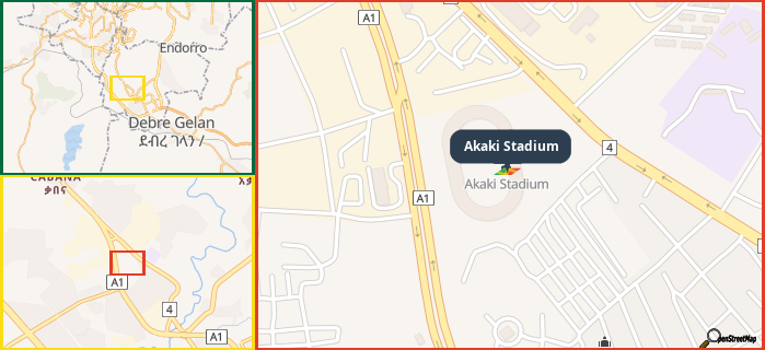 Map showing the address of Akaki Stadium in three different zoom levels.