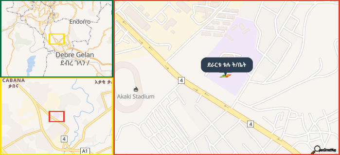 Map showing the address of ደራርቱ ቱሉ ት/ቤት in three different zoom levels.