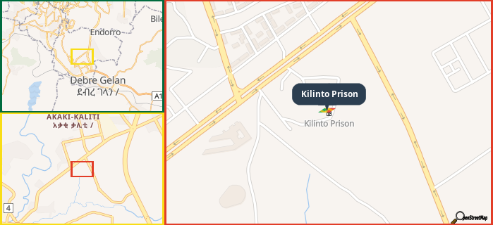 Map showing the address of Kilinto Prison in three different zoom levels.