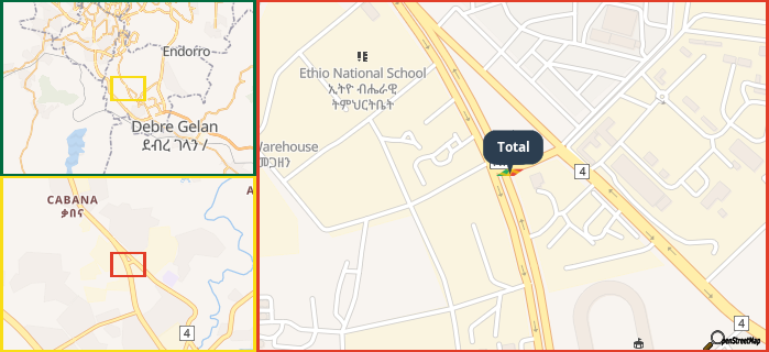 Map showing the address of Total in three different zoom levels.