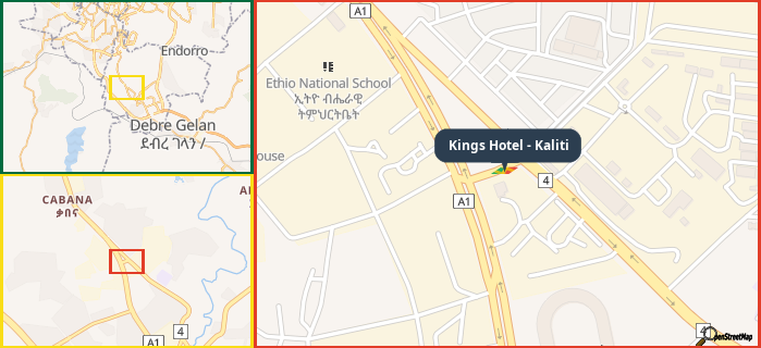 Map showing the address of Kings Hotel - Kaliti in three different zoom levels.