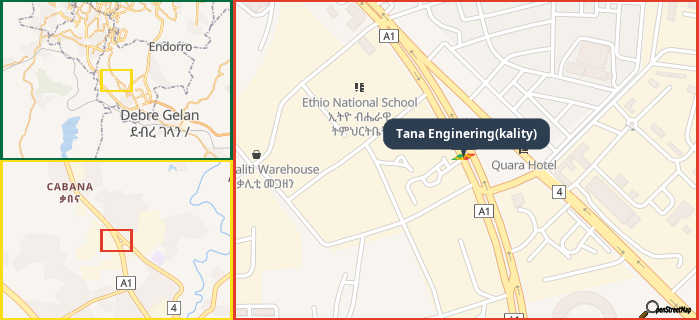 Map showing the address of Tana Enginering(kality) in three different zoom levels.