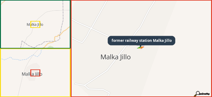 Map showing the address of former railway station Malka Jillo in three different zoom levels.