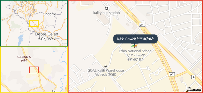 Map showing the address of ኢትዮ ብሔራዊ ትምህርትቤት in three different zoom levels.