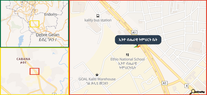 Map showing the address of ኢትዮ ብሔራዊ ትምህርት ቤት in three different zoom levels.
