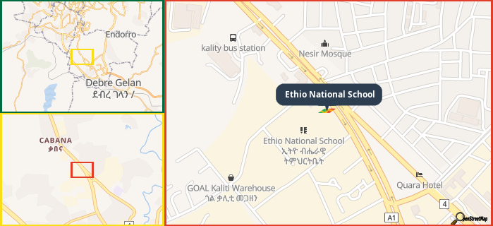 Map showing the address of Ethio National School in three different zoom levels.