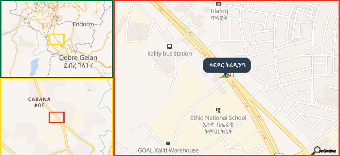 Map showing the address of ሳናዶር ትሬዲንግ in three different zoom levels.