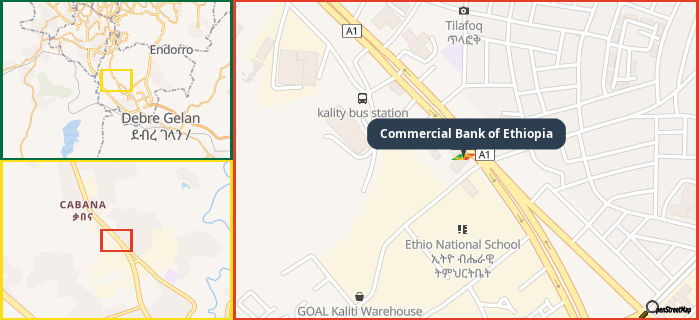 Map showing the address of Commercial Bank of Ethiopia in three different zoom levels.