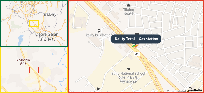 Map showing the address of Kality Total -  Gas station in three different zoom levels.