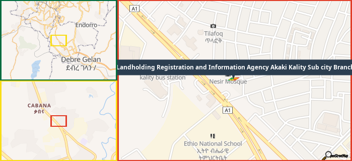 Map showing the address of Landholding Registration and Information Agency Akaki Kality Sub city Branch in three different zoom levels.