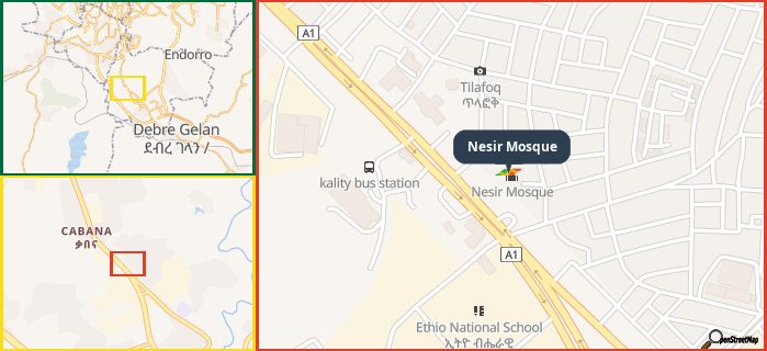 Map showing the address of Nesir Mosque in three different zoom levels.