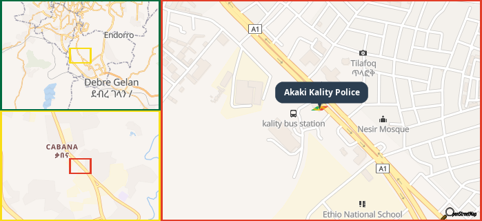 Map showing the address of Akaki Kality Police in three different zoom levels.