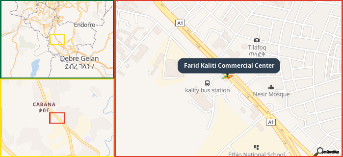 Map showing the address of Farid Kaliti Commercial Center in three different zoom levels.