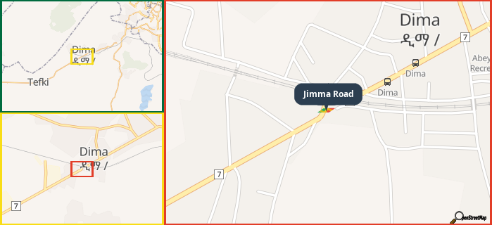 Map showing the address of Jimma Road in three different zoom levels.