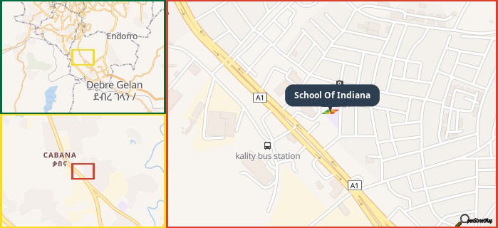Map showing the address of School Of Indiana in three different zoom levels.