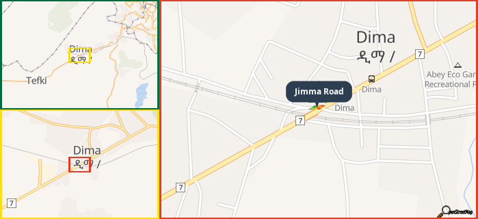 Map showing the address of Jimma Road in three different zoom levels.