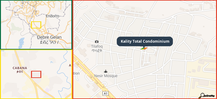 Map showing the address of Kality Total Condominium in three different zoom levels.