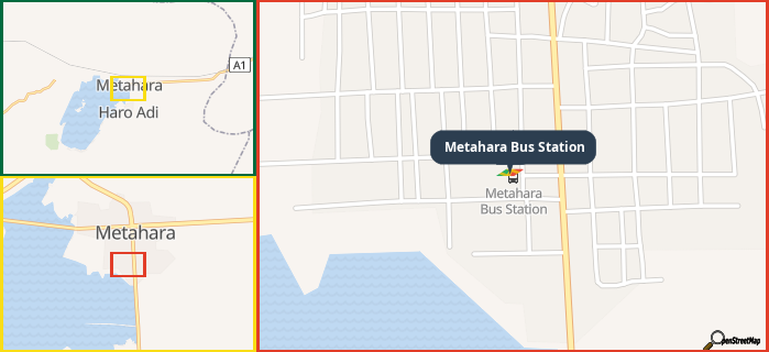 Map showing the address of Metahara Bus Station in three different zoom levels.