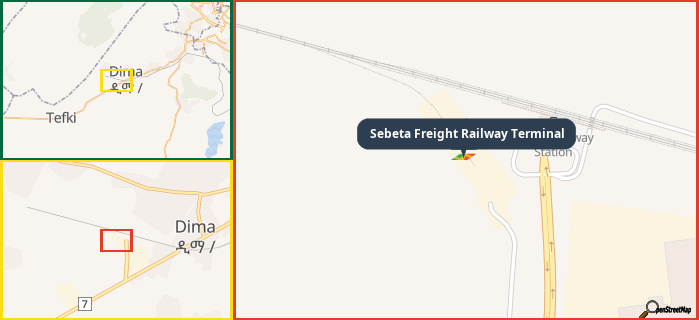 Map showing the address of Sebeta Freight Railway Terminal in three different zoom levels.