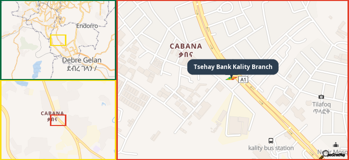 Map showing the address of Tsehay Bank Kality Branch in three different zoom levels.