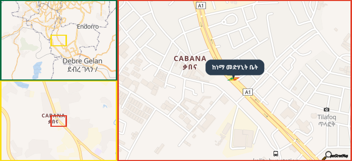 Map showing the address of ከነማ መድሃኒት ቤት in three different zoom levels.