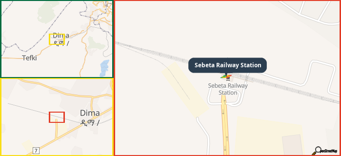 Map showing the address of Sebeta Railway Station in three different zoom levels.