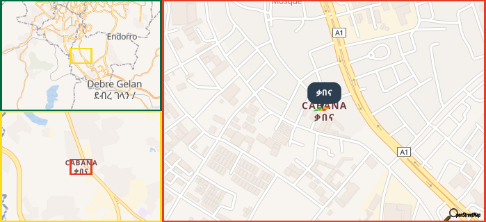 Map showing the address of ቃበና in three different zoom levels.