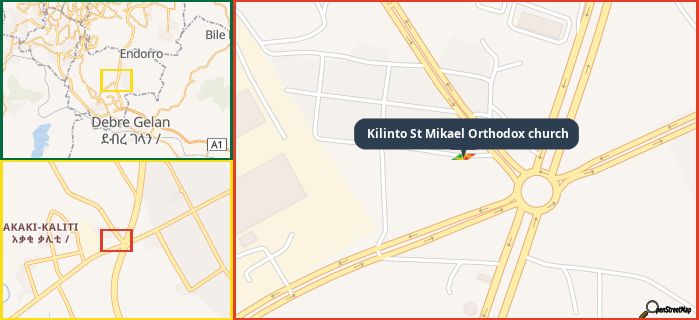 Map showing the address of Kilinto St Mikael Orthodox church in three different zoom levels.