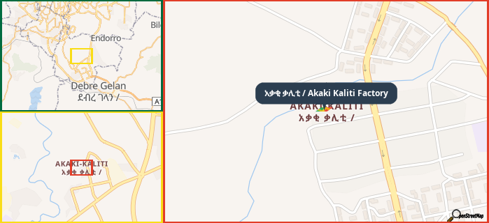 Map showing the address of አቃቂ ቃሊቲ / Akaki Kaliti Factory in three different zoom levels.