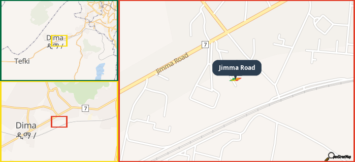 Map showing the address of Jimma Road in three different zoom levels.