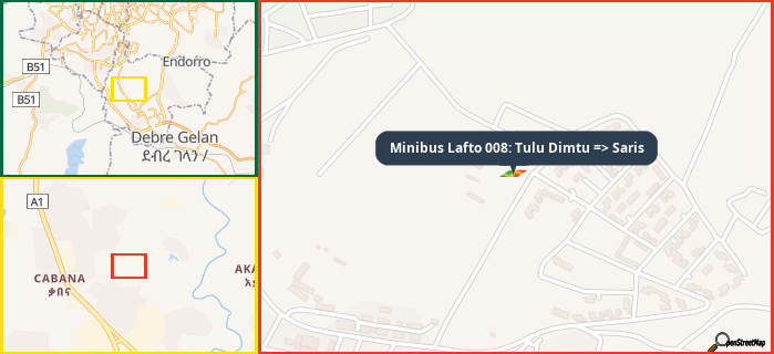 Map showing the address of Minibus Lafto 008: Tulu Dimtu => Saris in three different zoom levels.