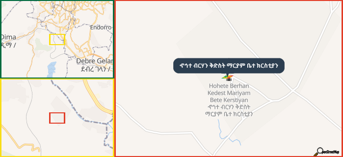 Map showing the address of ኆኅተ ብርሃን ቅድስት ማርያም ቤተ ክርስቲያን in three different zoom levels.