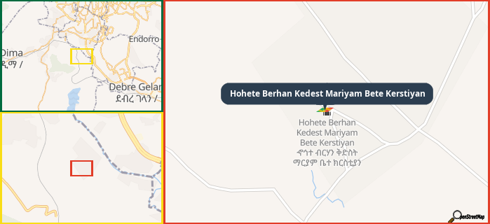 Map showing the address of Hohete Berhan Kedest Mariyam Bete Kerstiyan in three different zoom levels.