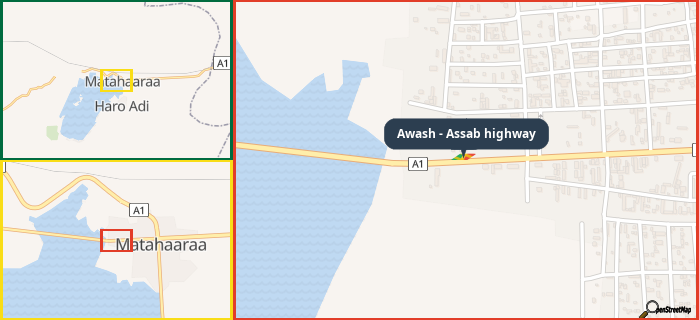 Map showing the address of Awash - Assab highway in three different zoom levels.