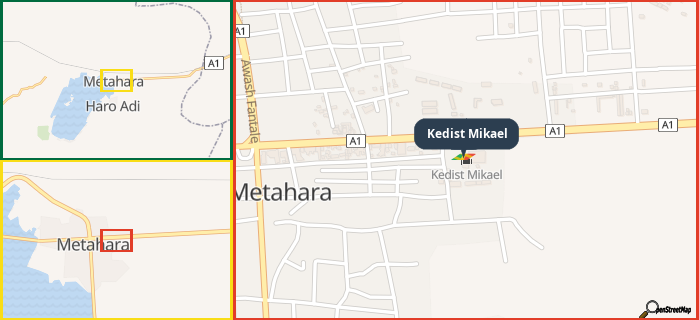Map showing the address of Kedist Mikael in three different zoom levels.