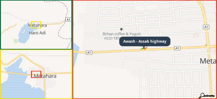 Map showing the address of Awash - Assab highway in three different zoom levels.