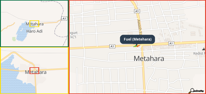 Map showing the address of Fuel (Metehara) in three different zoom levels.