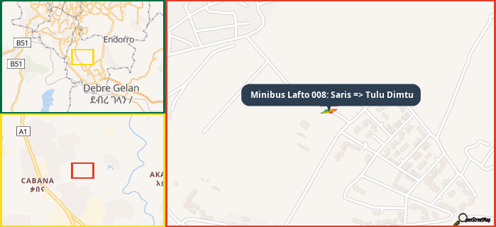 Map showing the address of Minibus Lafto 008: Saris => Tulu Dimtu in three different zoom levels.