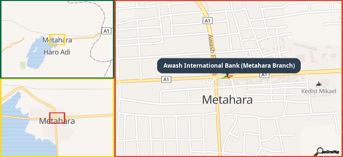 Map showing the address of Awash International Bank (Metahara Branch) in three different zoom levels.