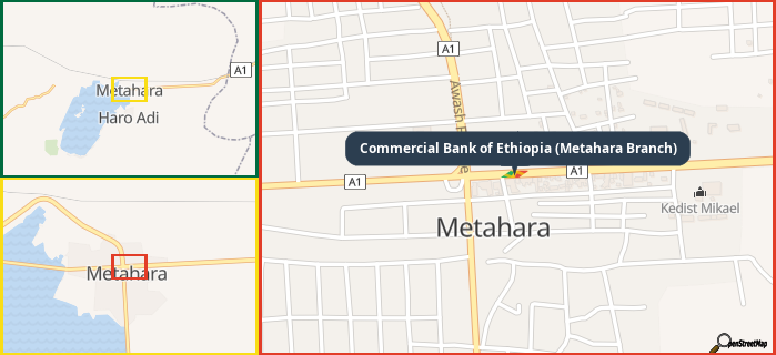 Map showing the address of Commercial Bank of Ethiopia (Metahara Branch) in three different zoom levels.