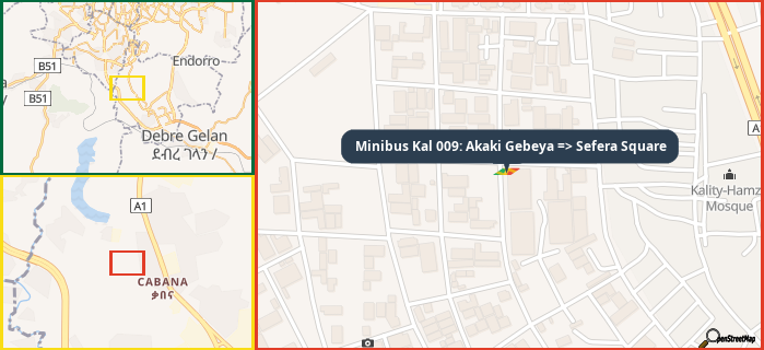 Map showing the address of Minibus Kal 009: Akaki Gebeya => Sefera Square in three different zoom levels.