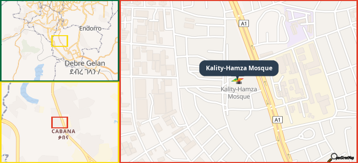 Map showing the address of Kality-Hamza Mosque in three different zoom levels.