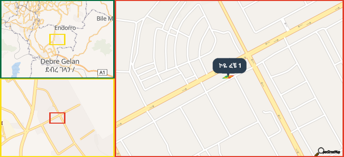 Map showing the address of ኮዬ ፈቼ 1 in three different zoom levels.