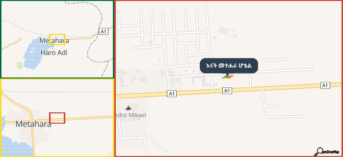 Map showing the address of እናት መተሐራ ሆቴል in three different zoom levels.