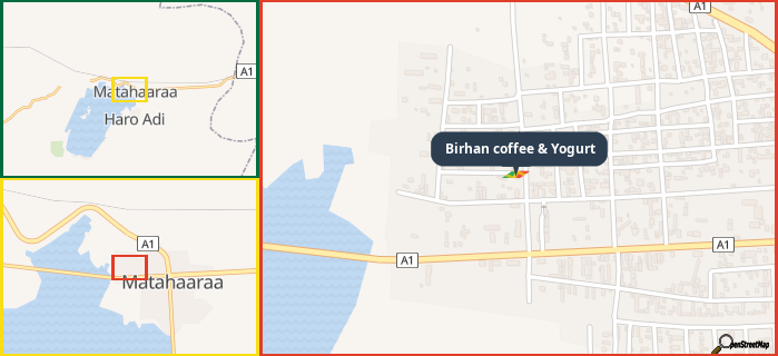 Map showing the address of Birhan coffee & Yogurt in three different zoom levels.