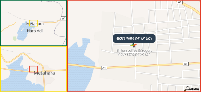 Map showing the address of ብርሀን የጀበና ቡና እና እርጎ in three different zoom levels.