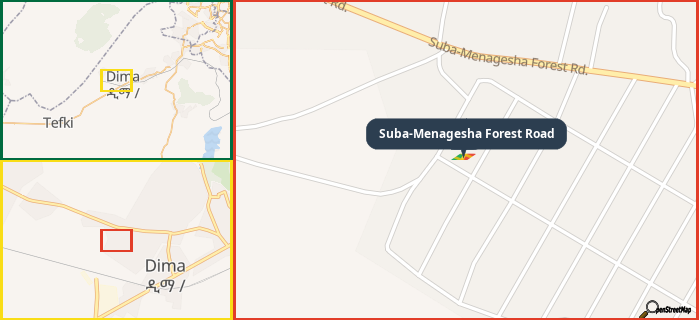 Map showing the address of Suba-Menagesha Forest Road in three different zoom levels.